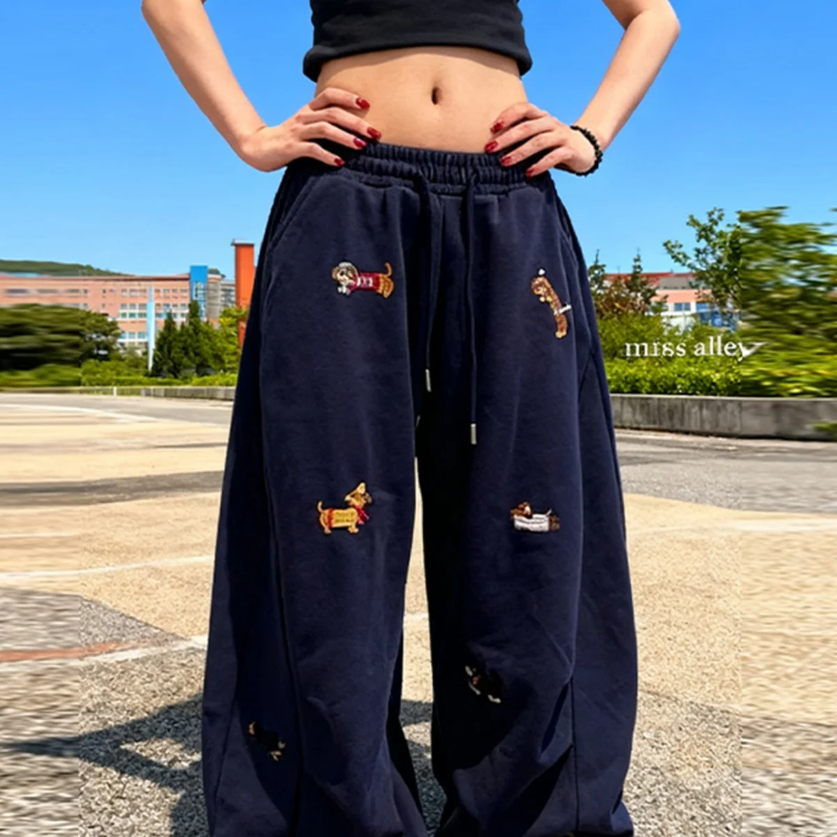 Embroidery Sausage Dog Sweatpants Loose Casual Joggers Wide Leg Couple Streetwear Fun Fashion Comfortable Pants Baggy Sweatpants