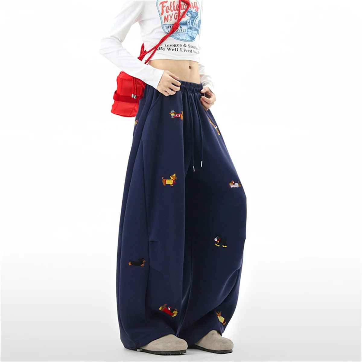 Embroidery Sausage Dog Sweatpants Loose Casual Joggers Wide Leg Couple Streetwear Fun Fashion Comfortable Pants Baggy Sweatpants