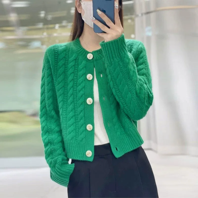 2023 autumn and winter new thick pure cashmere cardigan women's round neck twist coat knitted loose sweater