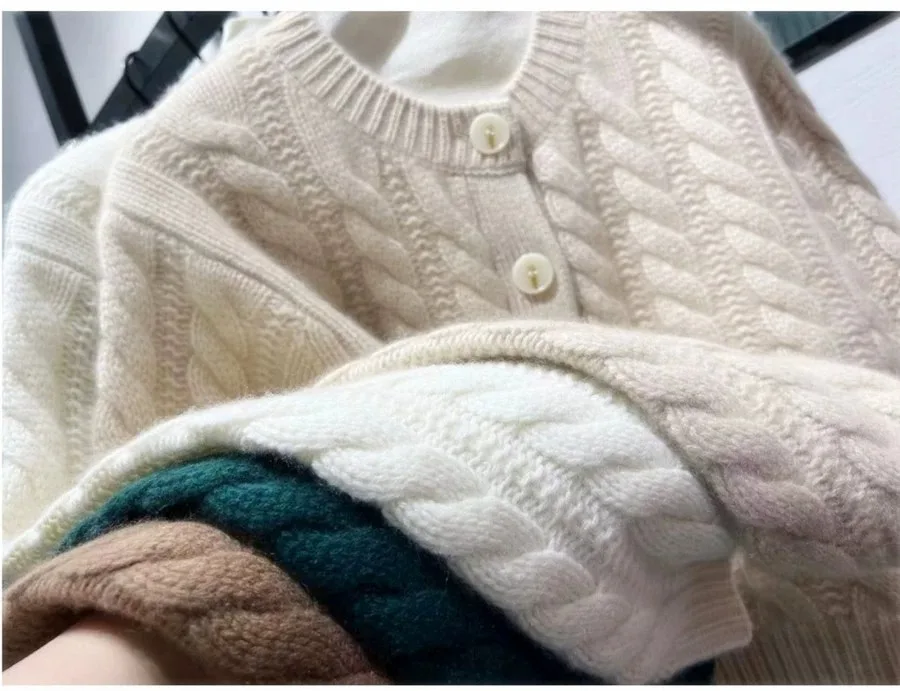 2023 autumn and winter new thick pure cashmere cardigan women's round neck twist coat knitted loose sweater
