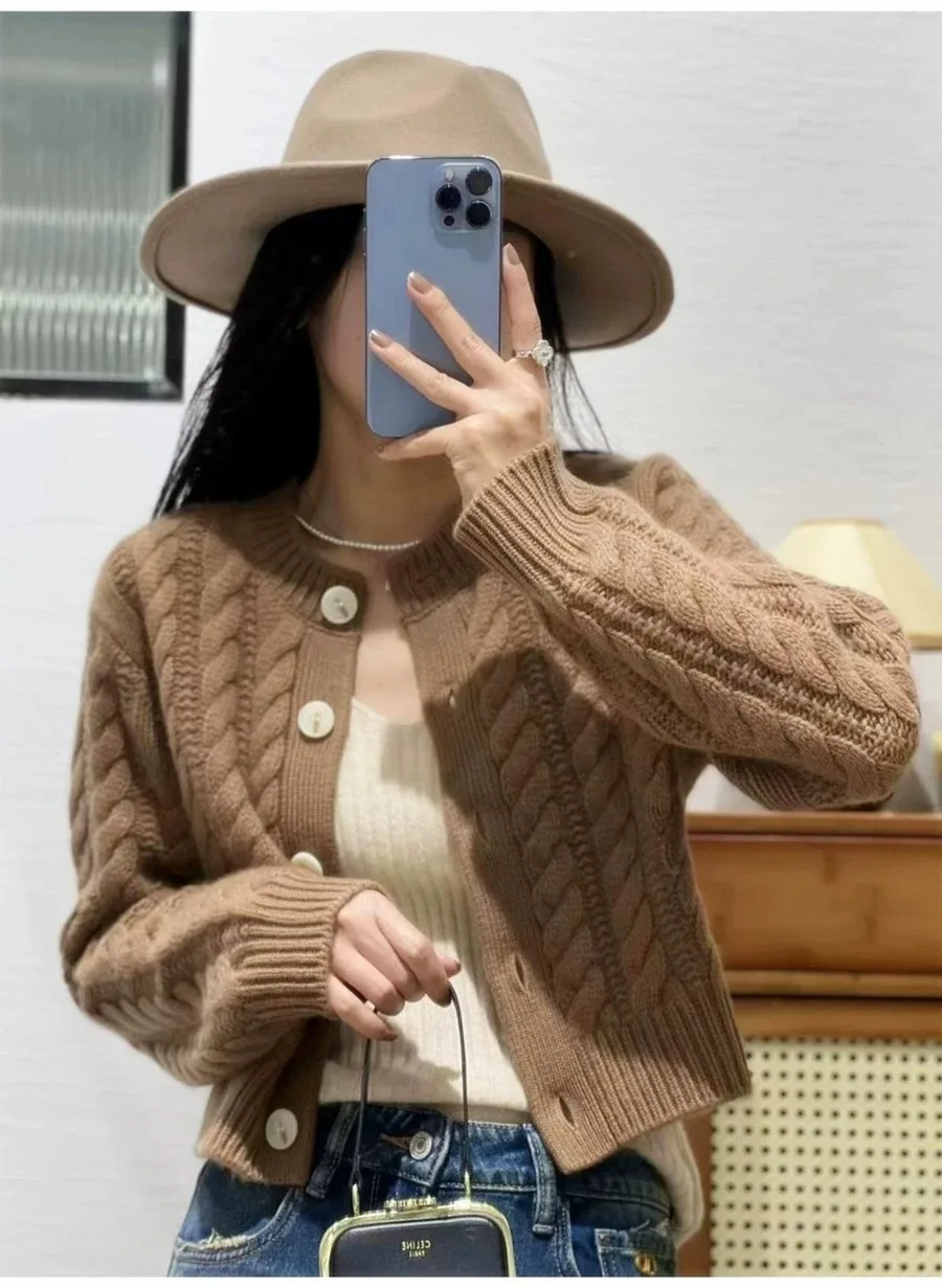 2023 autumn and winter new thick pure cashmere cardigan women's round neck twist coat knitted loose sweater