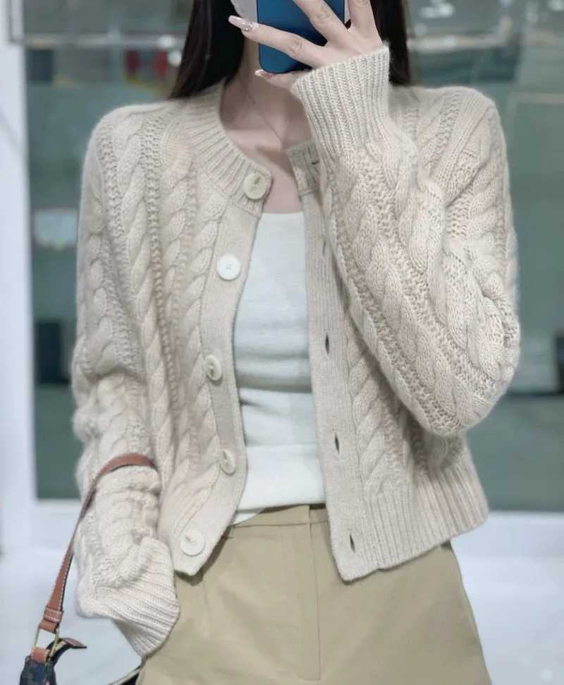 2023 autumn and winter new thick pure cashmere cardigan women's round neck twist coat knitted loose sweater