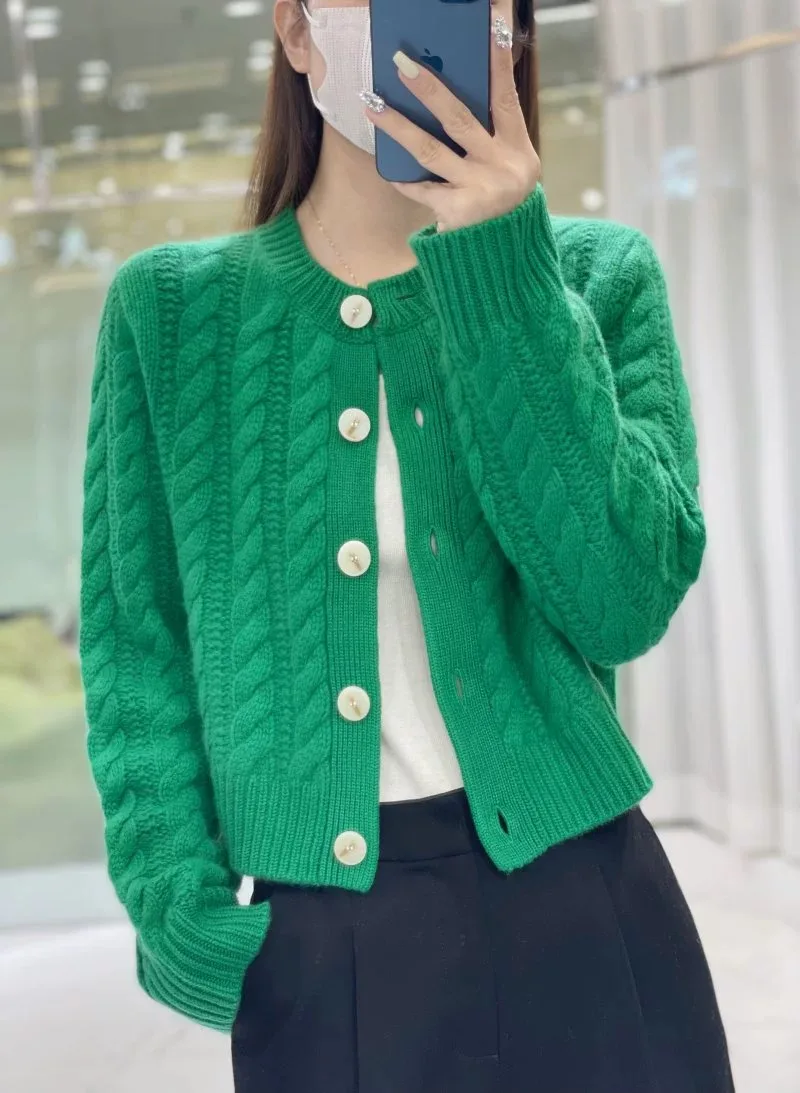 2023 autumn and winter new thick pure cashmere cardigan women's round neck twist coat knitted loose sweater