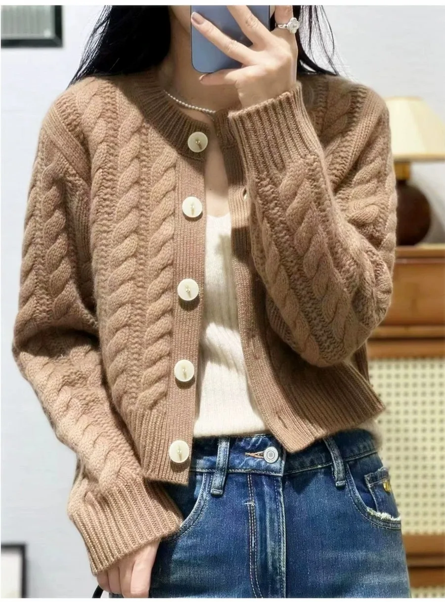 2023 autumn and winter new thick pure cashmere cardigan women's round neck twist coat knitted loose sweater