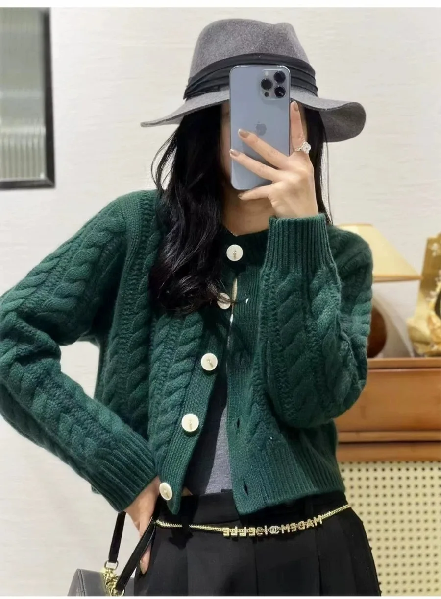 2023 autumn and winter new thick pure cashmere cardigan women's round neck twist coat knitted loose sweater
