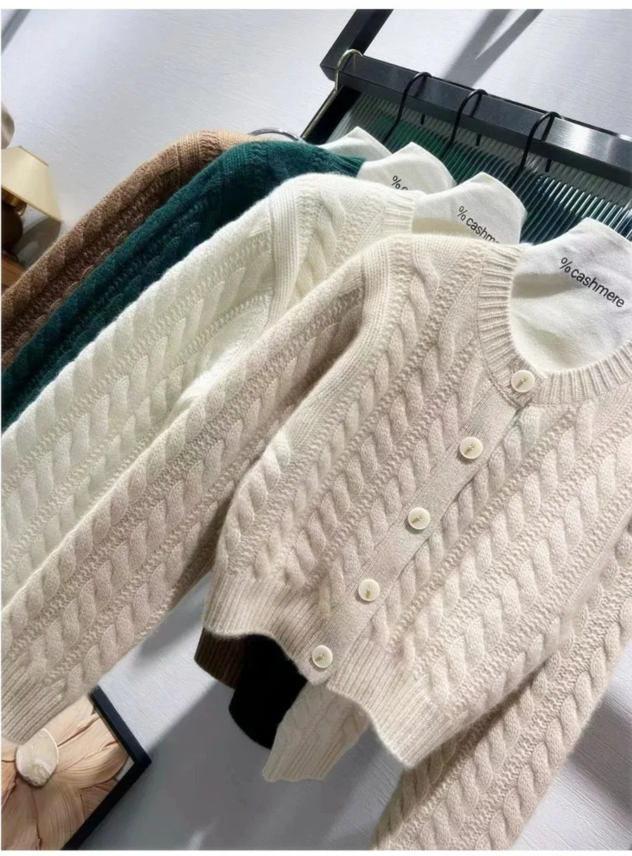 2023 autumn and winter new thick pure cashmere cardigan women's round neck twist coat knitted loose sweater