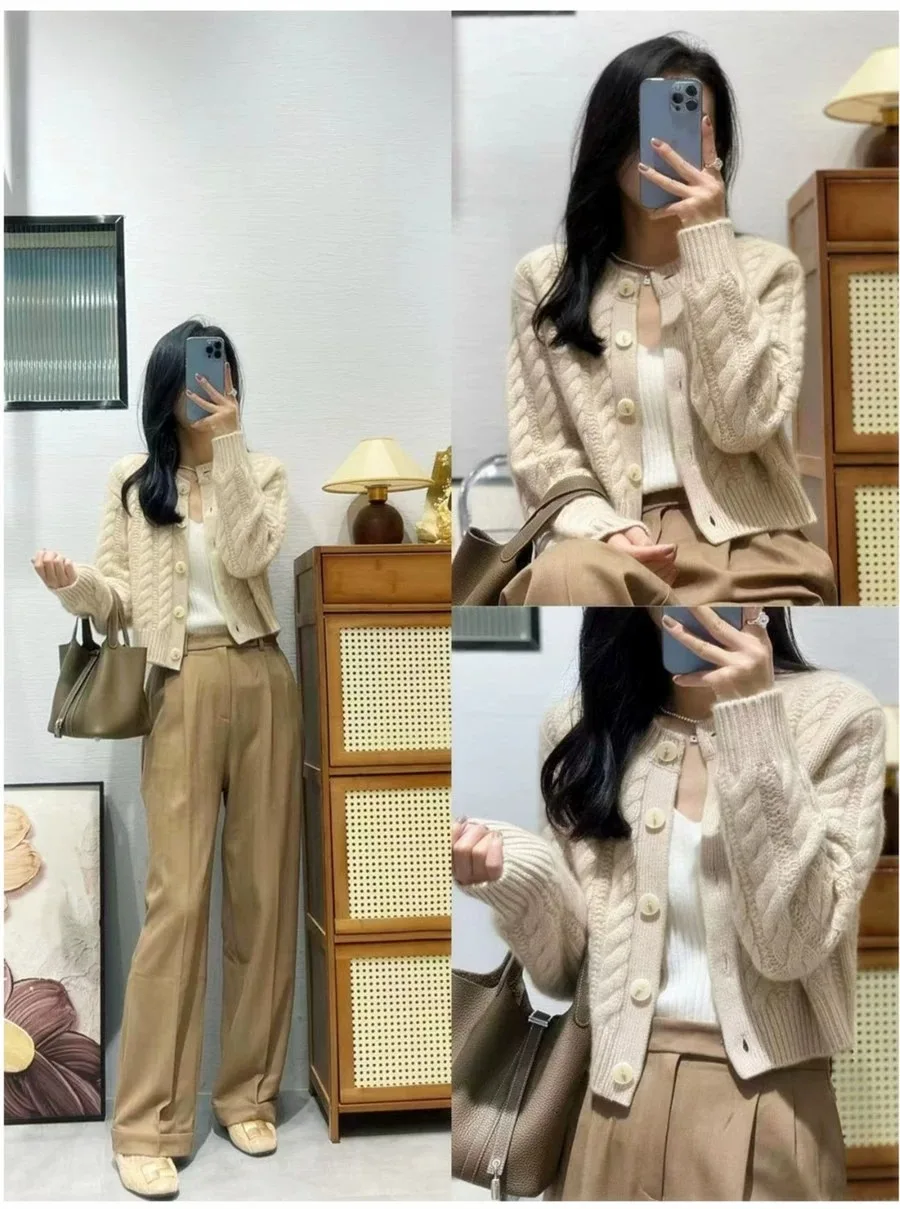 2023 autumn and winter new thick pure cashmere cardigan women's round neck twist coat knitted loose sweater