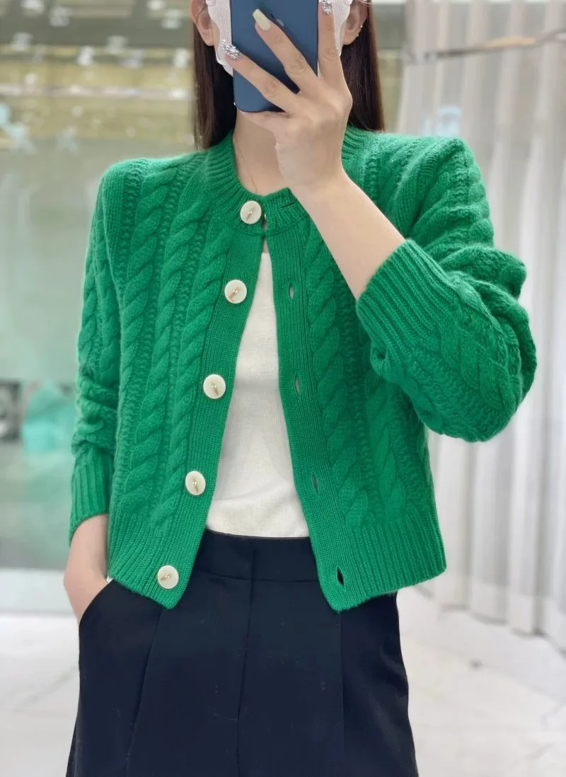 2023 autumn and winter new thick pure cashmere cardigan women's round neck twist coat knitted loose sweater
