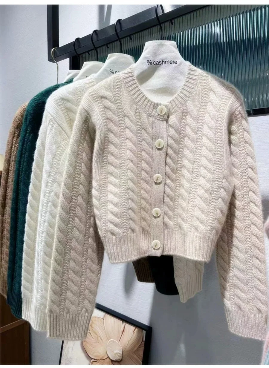 2023 autumn and winter new thick pure cashmere cardigan women's round neck twist coat knitted loose sweater