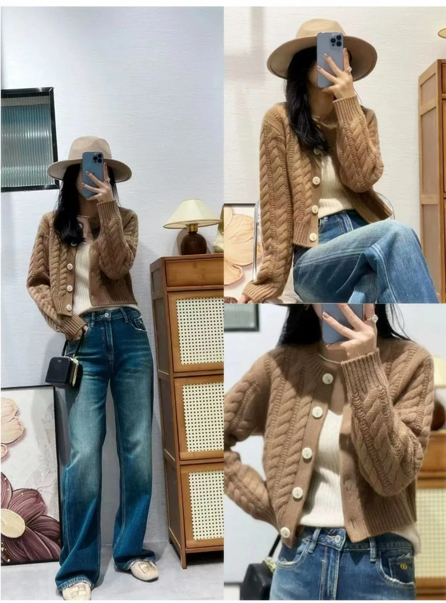 2023 autumn and winter new thick pure cashmere cardigan women's round neck twist coat knitted loose sweater