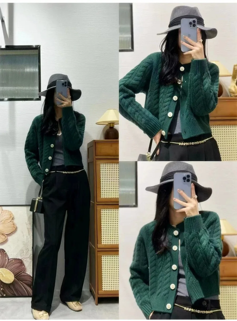 2023 autumn and winter new thick pure cashmere cardigan women's round neck twist coat knitted loose sweater