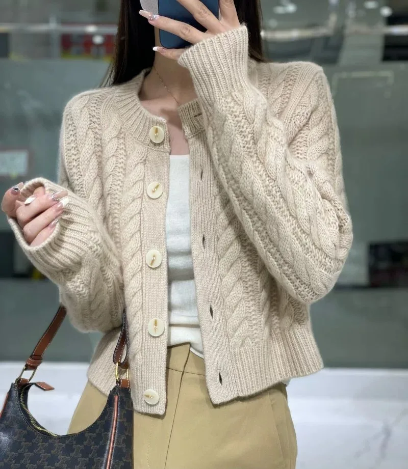 2023 autumn and winter new thick pure cashmere cardigan women's round neck twist coat knitted loose sweater