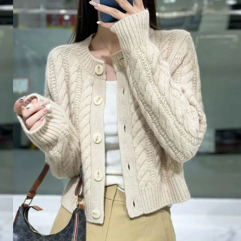 2023 autumn and winter new thick pure cashmere cardigan women's round neck twist coat knitted loose sweater