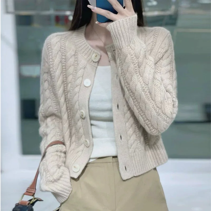 2023 autumn and winter new thick pure cashmere cardigan women's round neck twist coat knitted loose sweater