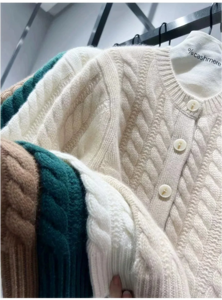 2023 autumn and winter new thick pure cashmere cardigan women's round neck twist coat knitted loose sweater