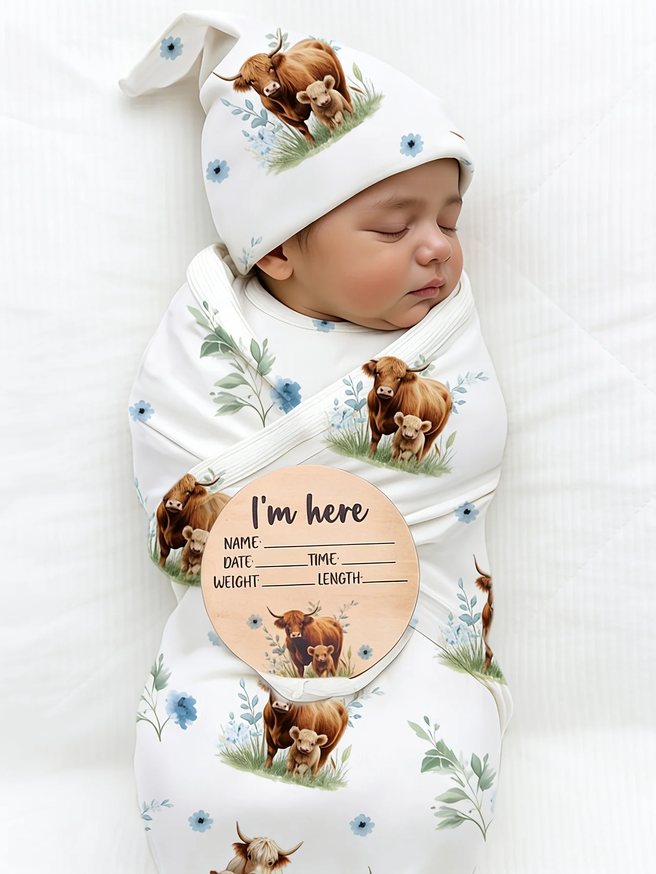 Ylsteed Newborn Photography Cow Swaddle Blanket With Knot Hat Set Soft Infant Photography Wrap Baby Shower Birth Announcement-HD