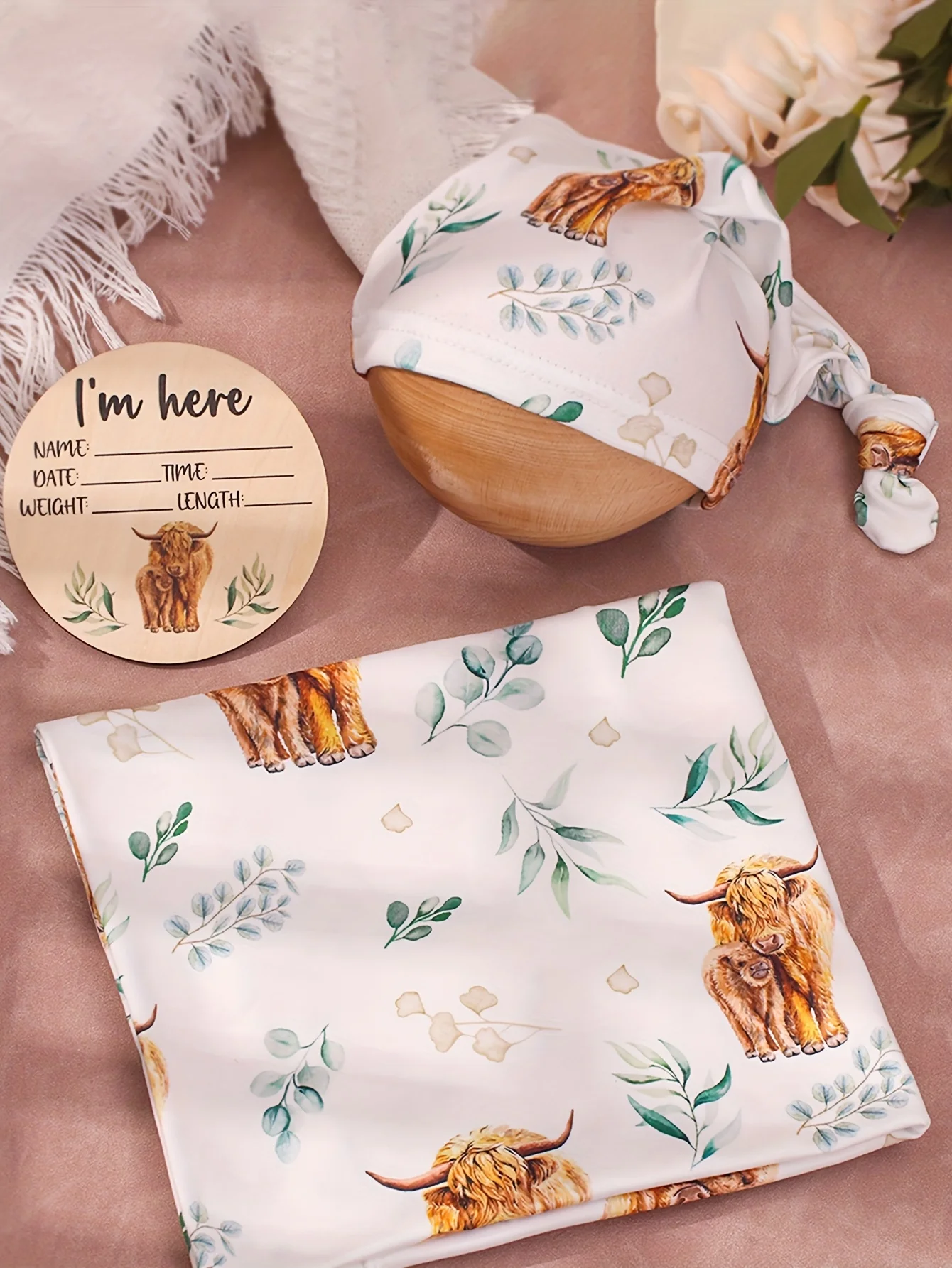 Ylsteed Newborn Photography Cow Swaddle Blanket With Knot Hat Set Soft Infant Photography Wrap Baby Shower Birth Announcement-HD