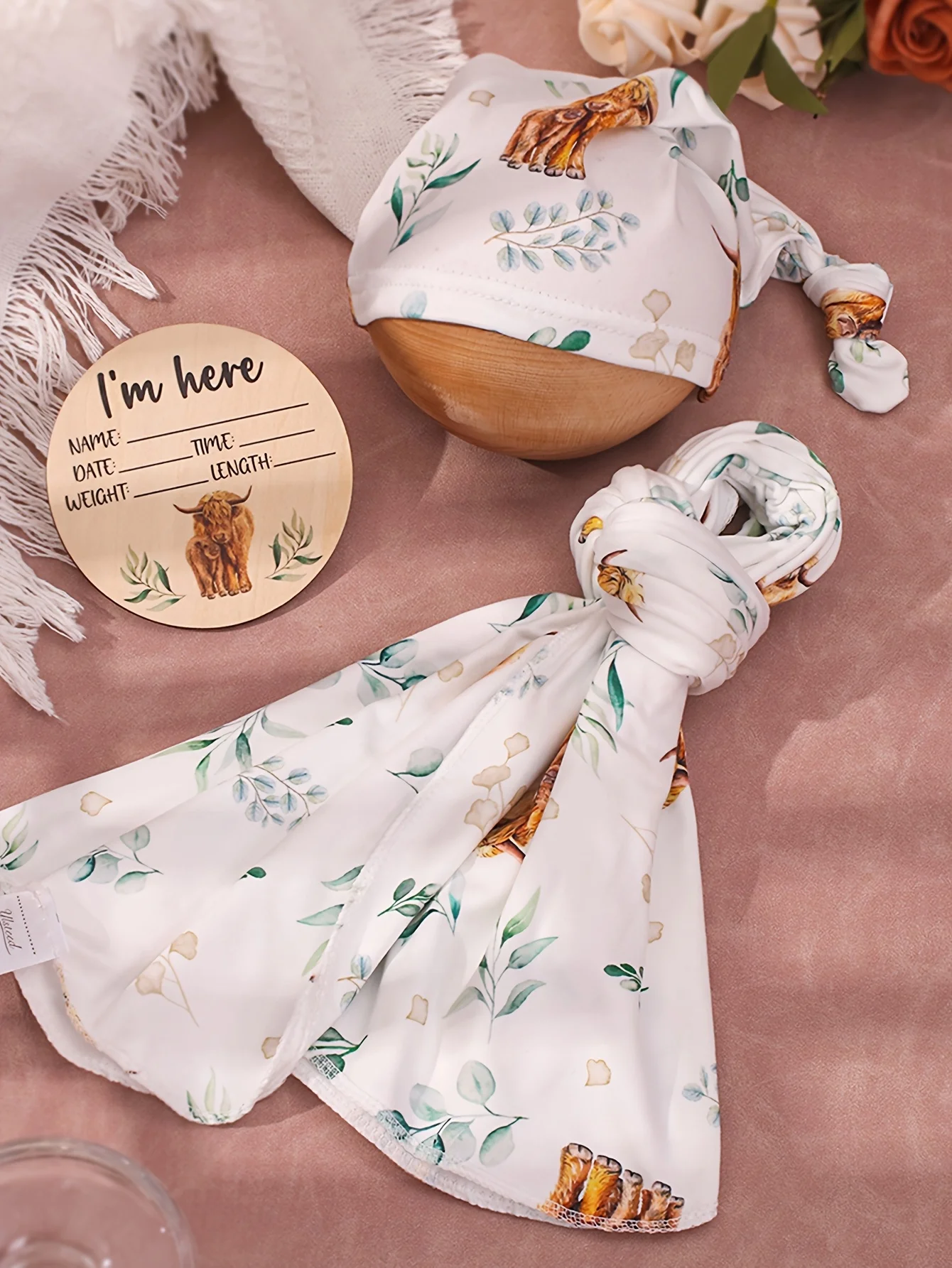 Ylsteed Newborn Photography Cow Swaddle Blanket With Knot Hat Set Soft Infant Photography Wrap Baby Shower Birth Announcement-HD