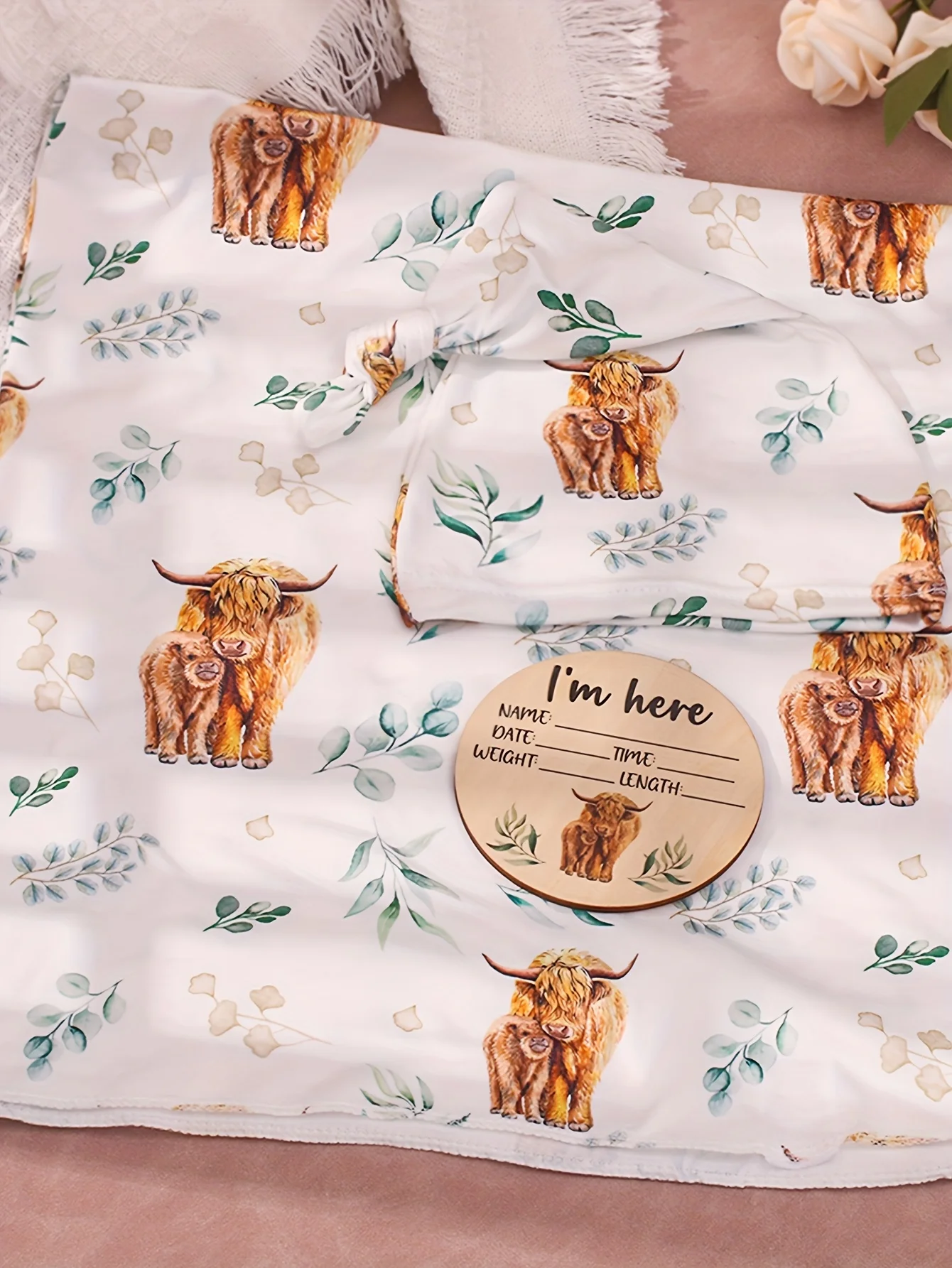 Ylsteed Newborn Photography Cow Swaddle Blanket With Knot Hat Set Soft Infant Photography Wrap Baby Shower Birth Announcement-HD