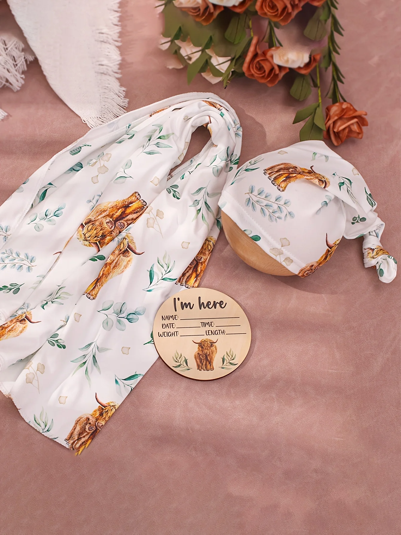 Ylsteed Newborn Photography Cow Swaddle Blanket With Knot Hat Set Soft Infant Photography Wrap Baby Shower Birth Announcement-HD