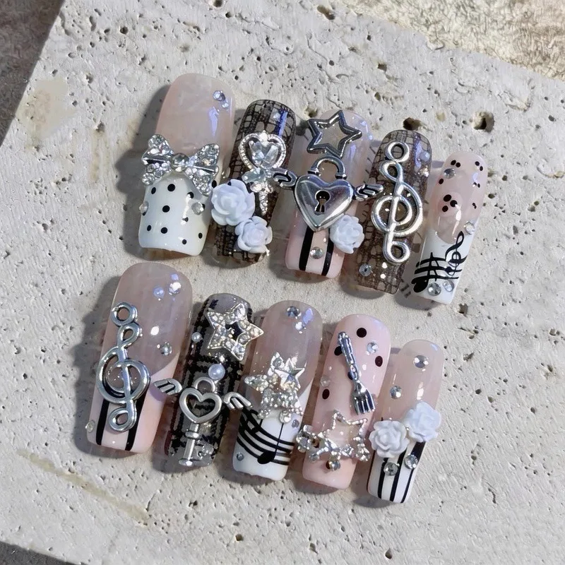 10PCS Musical Notes Retro Vintage Nail Art Y2K Gyaru French Handmade Press on Nails 3D Rose Lock Bow Pink Fake Nails Cute