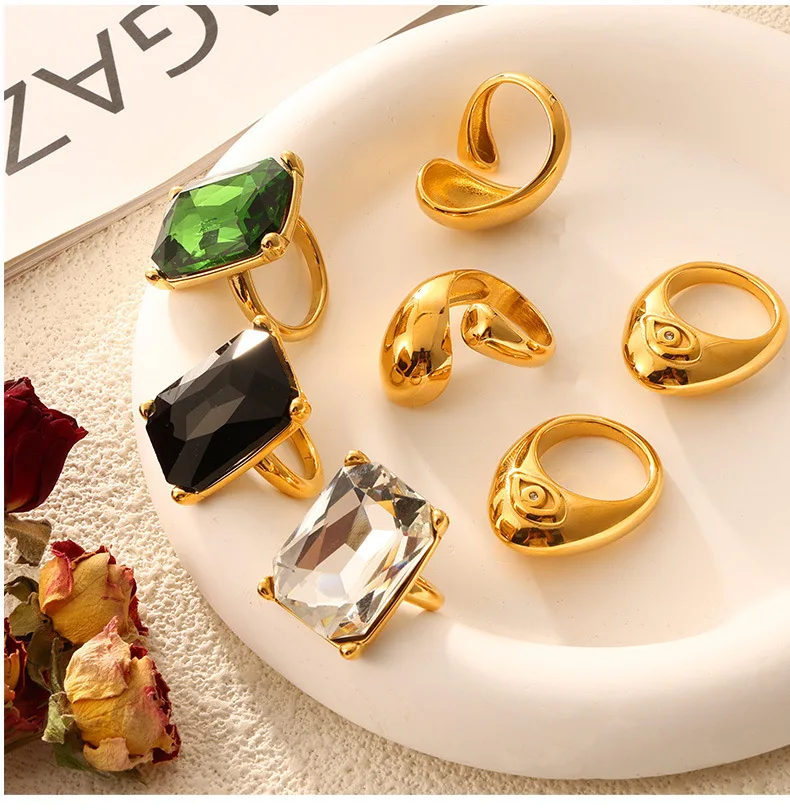316L Stainless Steel Chunky Rings For Women 18K Gold Plated Waterproof Non Tarnish Women's Big Zircon Ring Luxury Woman Jewelry