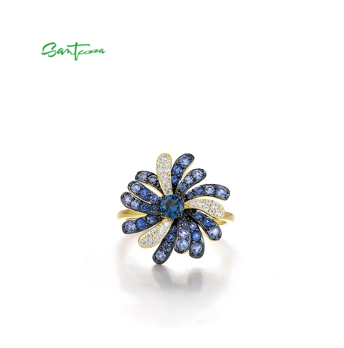 SANTUZZA 925 Sterling Silver Rings For Women Nature Inspired Party Gifts Synthetic Blue Spinel Modern Elegance Fine Jewelry