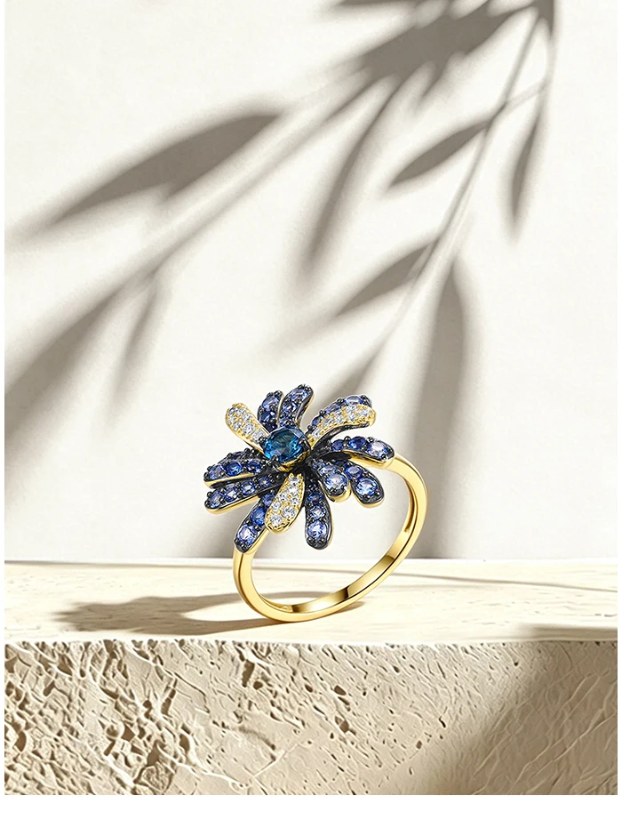 SANTUZZA 925 Sterling Silver Rings For Women Nature Inspired Party Gifts Synthetic Blue Spinel Modern Elegance Fine Jewelry