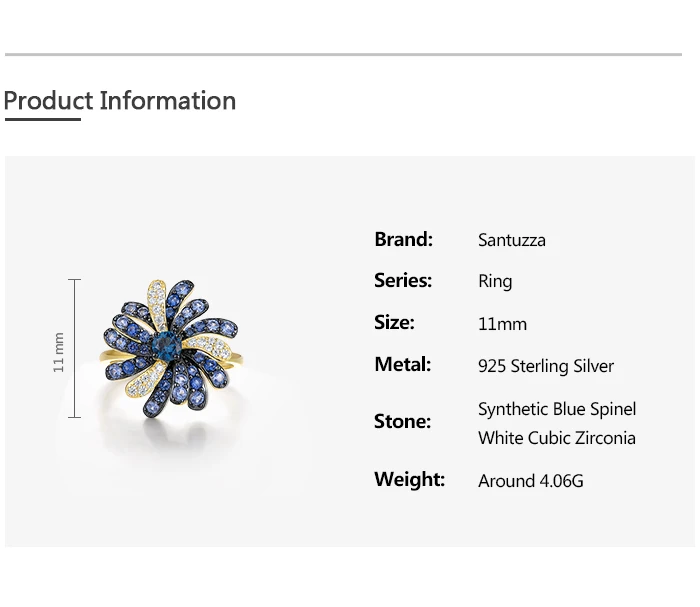 SANTUZZA 925 Sterling Silver Rings For Women Nature Inspired Party Gifts Synthetic Blue Spinel Modern Elegance Fine Jewelry