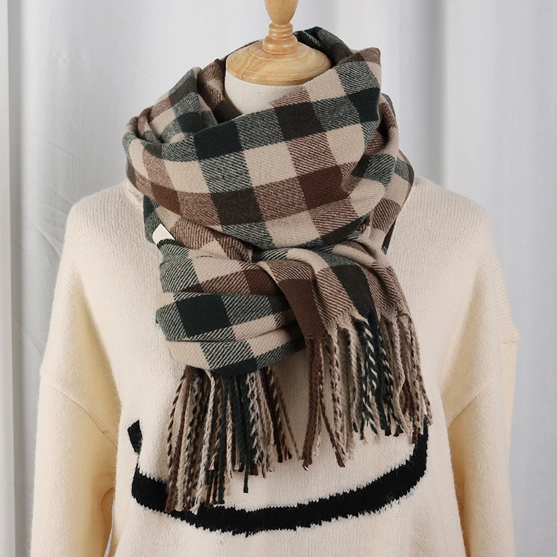 Plaid Long Scarf Winter Warm Cashmere Women Pashmina Foulard Bandana Scarves Female Luxury Hijab Tassel Shawl Wraps 2023 Pareo