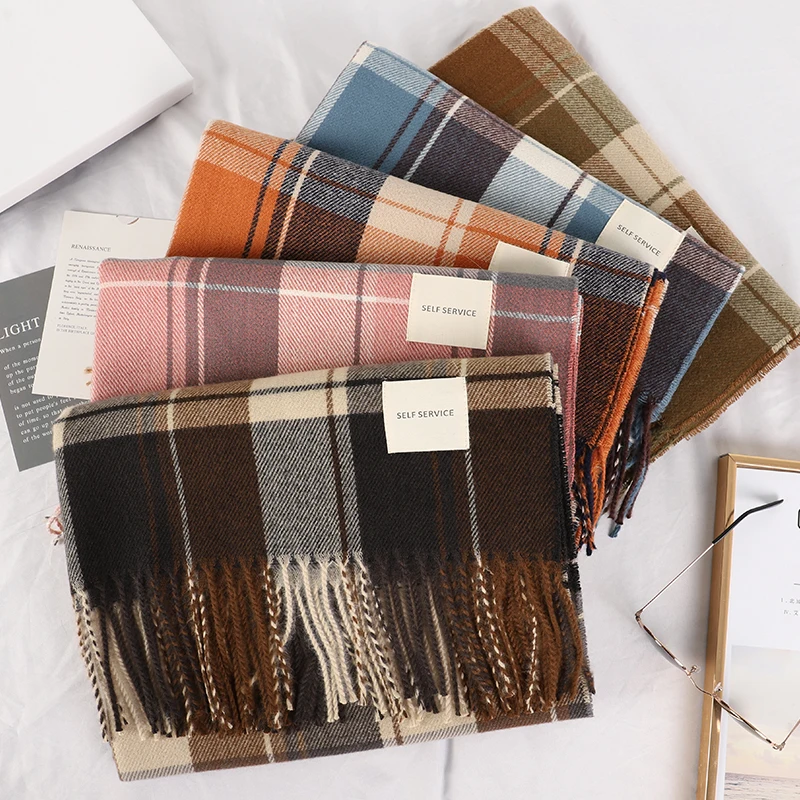 Plaid Long Scarf Winter Warm Cashmere Women Pashmina Foulard Bandana Scarves Female Luxury Hijab Tassel Shawl Wraps 2023 Pareo