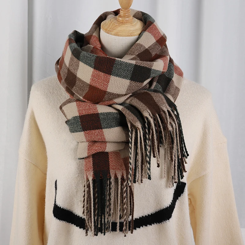 Plaid Long Scarf Winter Warm Cashmere Women Pashmina Foulard Bandana Scarves Female Luxury Hijab Tassel Shawl Wraps 2023 Pareo