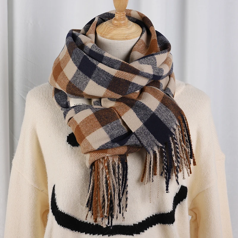 Plaid Long Scarf Winter Warm Cashmere Women Pashmina Foulard Bandana Scarves Female Luxury Hijab Tassel Shawl Wraps 2023 Pareo