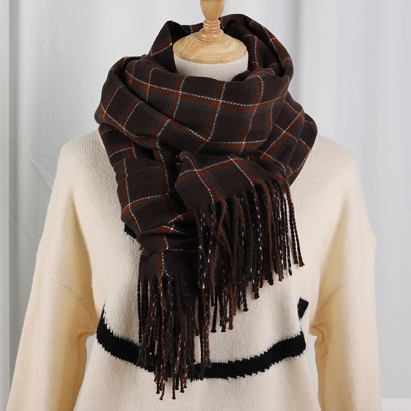 Plaid Long Scarf Winter Warm Cashmere Women Pashmina Foulard Bandana Scarves Female Luxury Hijab Tassel Shawl Wraps 2023 Pareo