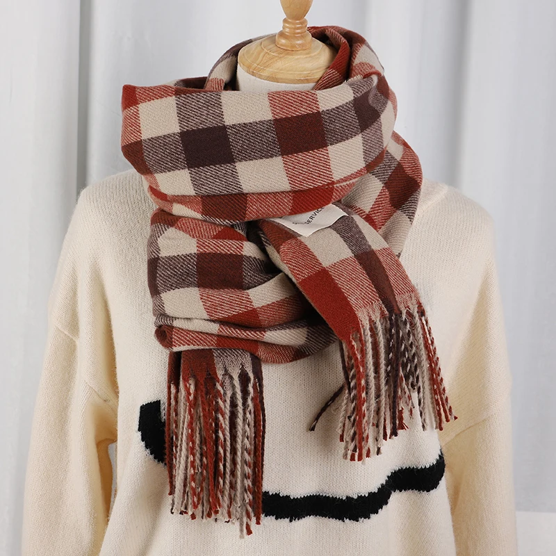 Plaid Long Scarf Winter Warm Cashmere Women Pashmina Foulard Bandana Scarves Female Luxury Hijab Tassel Shawl Wraps 2023 Pareo