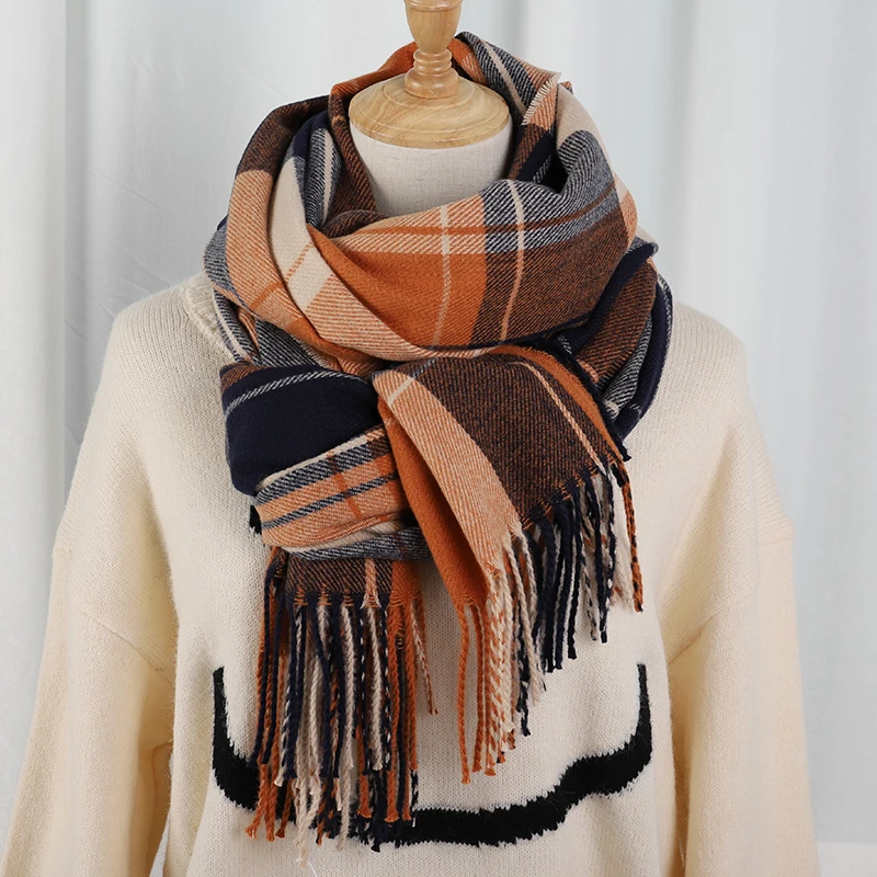 Plaid Long Scarf Winter Warm Cashmere Women Pashmina Foulard Bandana Scarves Female Luxury Hijab Tassel Shawl Wraps 2023 Pareo
