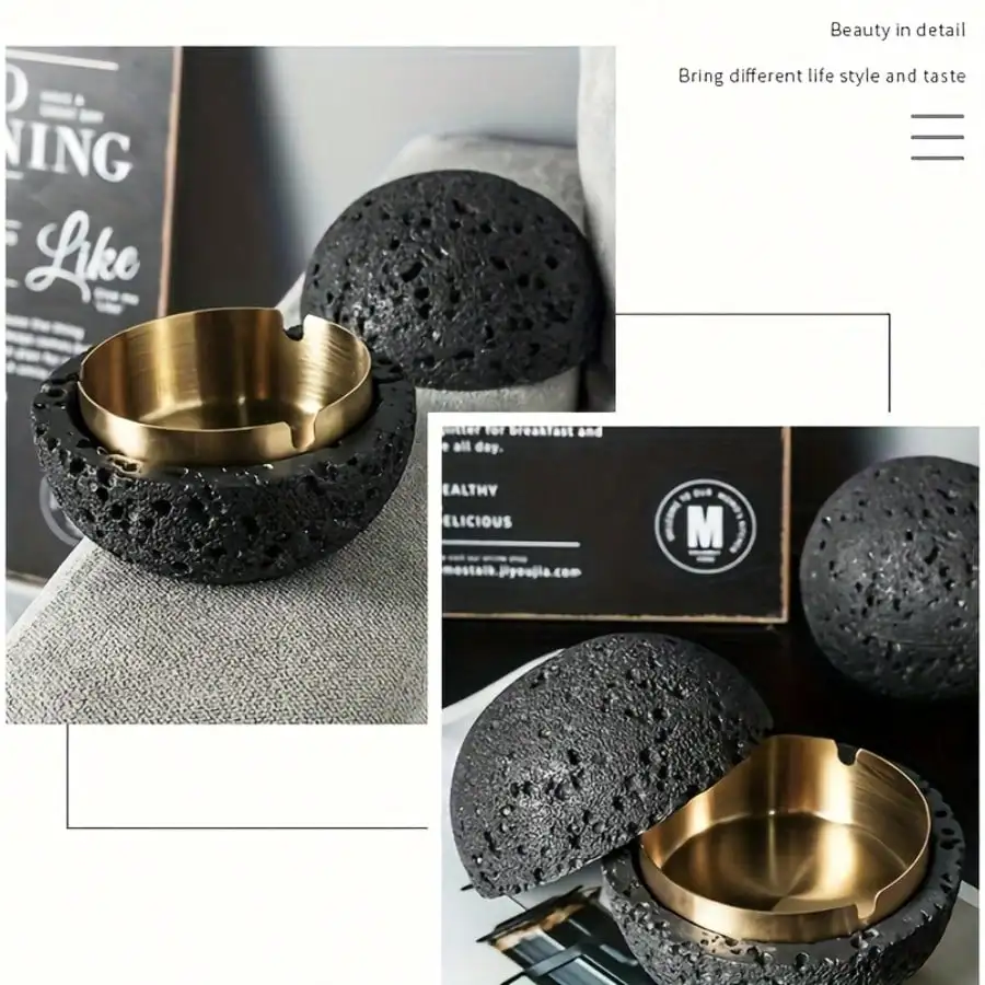 Nordic Industrial Minimalist Concrete Ashtray, Artisan-Made Natural Texture, Removable Stainless Steel Bowl & Anti-Fly Ash Lid