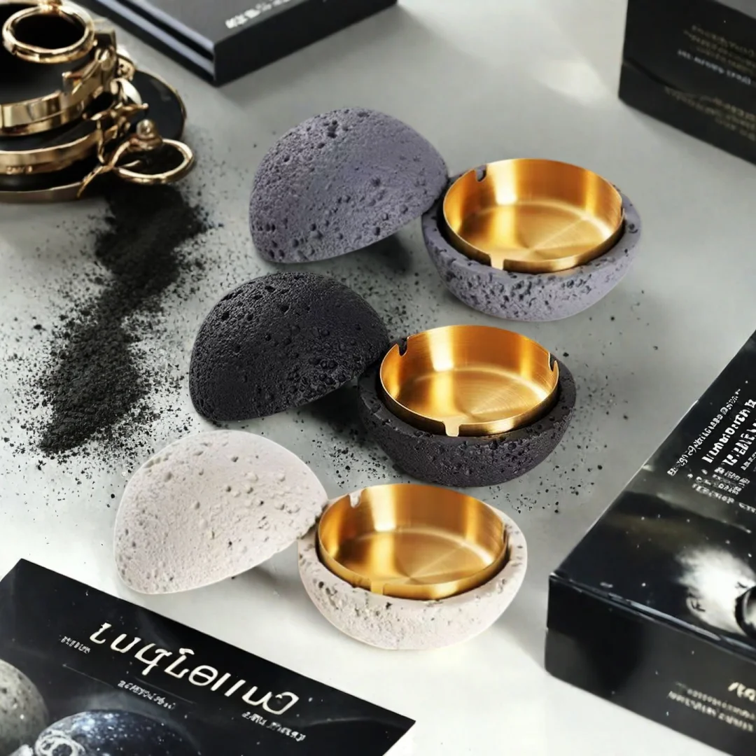 Nordic Industrial Minimalist Concrete Ashtray, Artisan-Made Natural Texture, Removable Stainless Steel Bowl & Anti-Fly Ash Lid