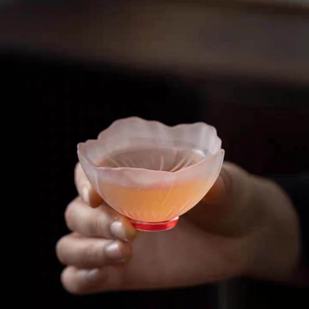 4 Pieces Glazed Glass Frosted Pink Sakura Japanese Teacup, Pink Glazed Lady, Household Flower Teacup, Tea Cup, Petal Cup