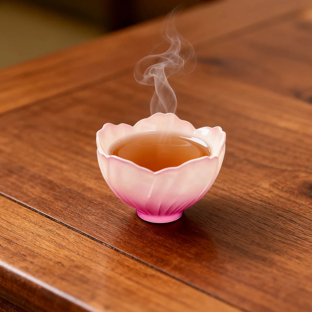 4 Pieces Glazed Glass Frosted Pink Sakura Japanese Teacup, Pink Glazed Lady, Household Flower Teacup, Tea Cup, Petal Cup