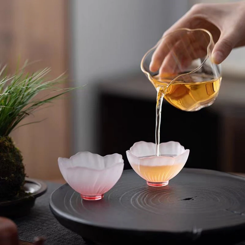 4 Pieces Glazed Glass Frosted Pink Sakura Japanese Teacup, Pink Glazed Lady, Household Flower Teacup, Tea Cup, Petal Cup