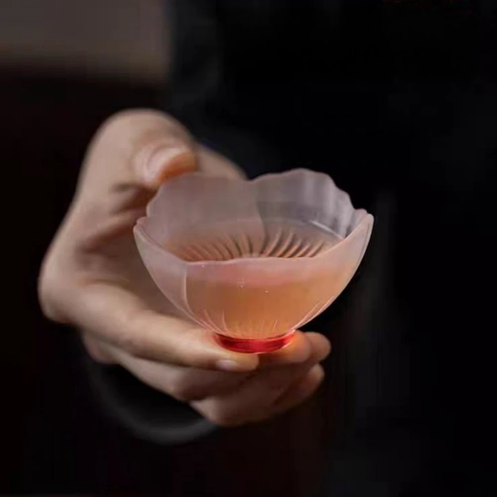 4 Pieces Glazed Glass Frosted Pink Sakura Japanese Teacup, Pink Glazed Lady, Household Flower Teacup, Tea Cup, Petal Cup