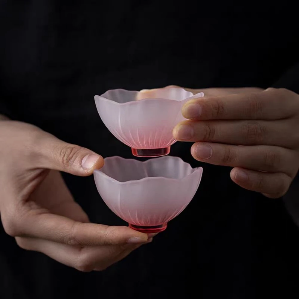 4 Pieces Glazed Glass Frosted Pink Sakura Japanese Teacup, Pink Glazed Lady, Household Flower Teacup, Tea Cup, Petal Cup