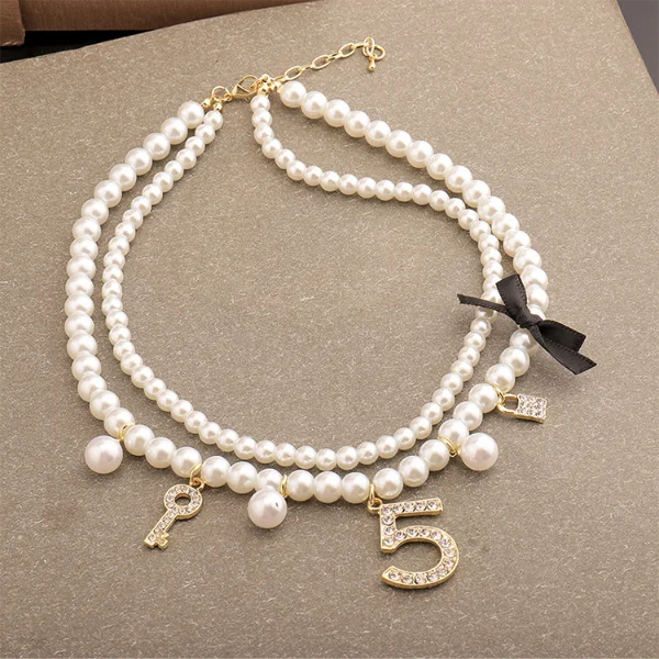 Fashion Double Layer Pearl Necklaces Crystal 5 Letter Key Lock Charms Pendant Top Fashion Jewelry Handmade Z025