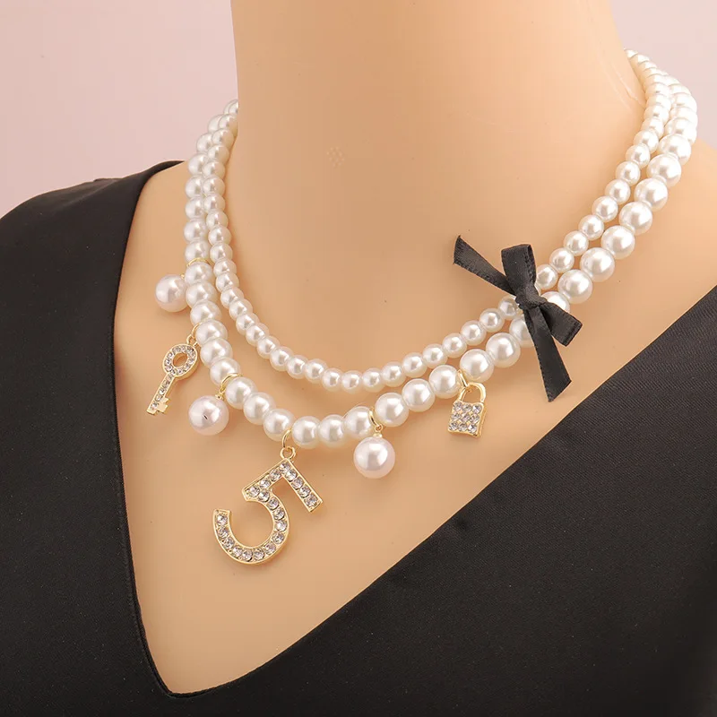 Fashion Double Layer Pearl Necklaces Crystal 5 Letter Key Lock Charms Pendant Top Fashion Jewelry Handmade Z025