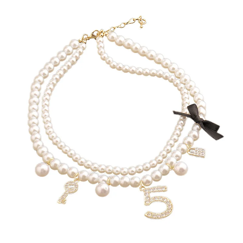 Fashion Double Layer Pearl Necklaces Crystal 5 Letter Key Lock Charms Pendant Top Fashion Jewelry Handmade Z025