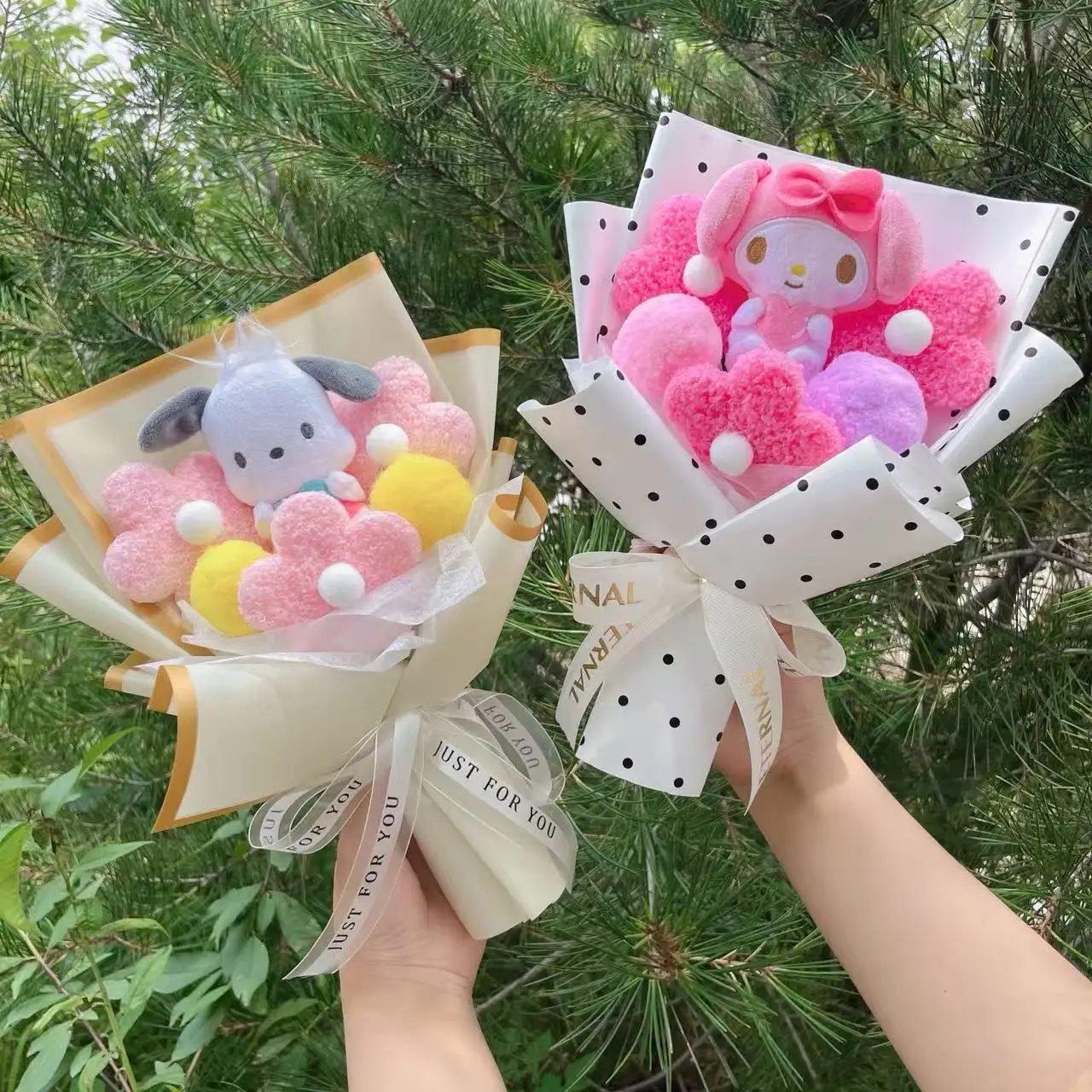 Genuine Melody Kuromi Cinnamoroll Hellokitty Plush Doll Toy Handmade Sanrio Bouquet Valentine's Day Christmas Graduation Gifts