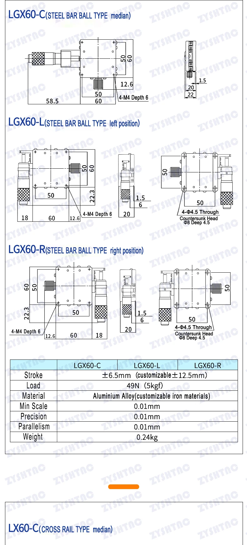 X Axis XY Axis LGX40/60 LGY40*40 60*60 Knob Micrometer Sliding Stage Guide Rail Type Platform Manual Displacement Sliding Table