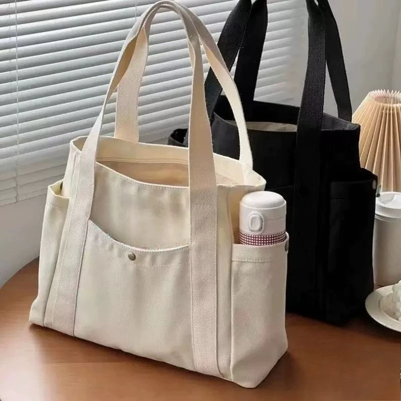 Large Canvas Tote Bag with Multiple Pockets, Minimalist Shoulder Handbag for Work, Travel & Daily Use