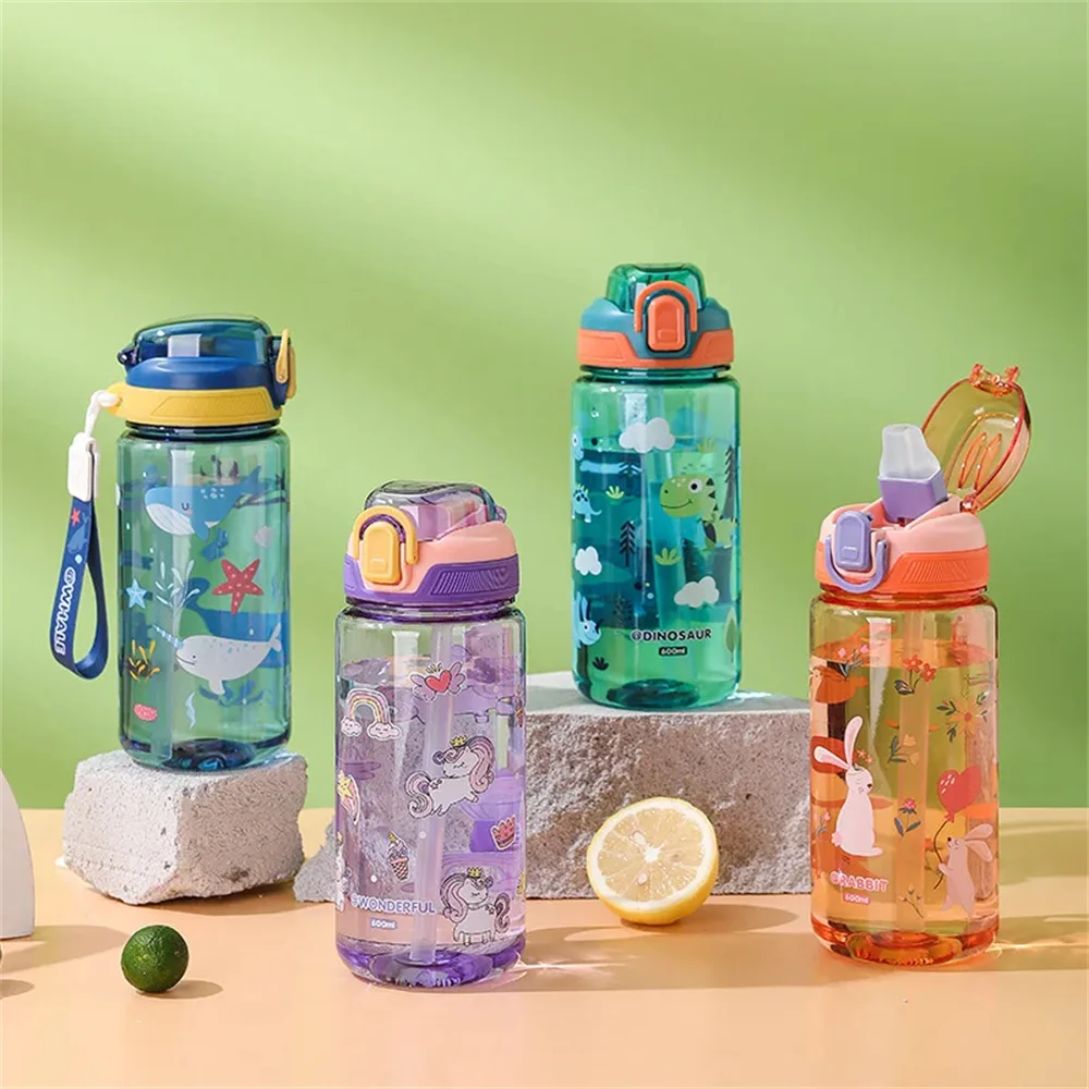 600ml Cartoon Animal Water Bottle Portable Safety Lock Cute Straw Cup Kids Leak-proof Drinking Jug For Outdoor Camping Travel